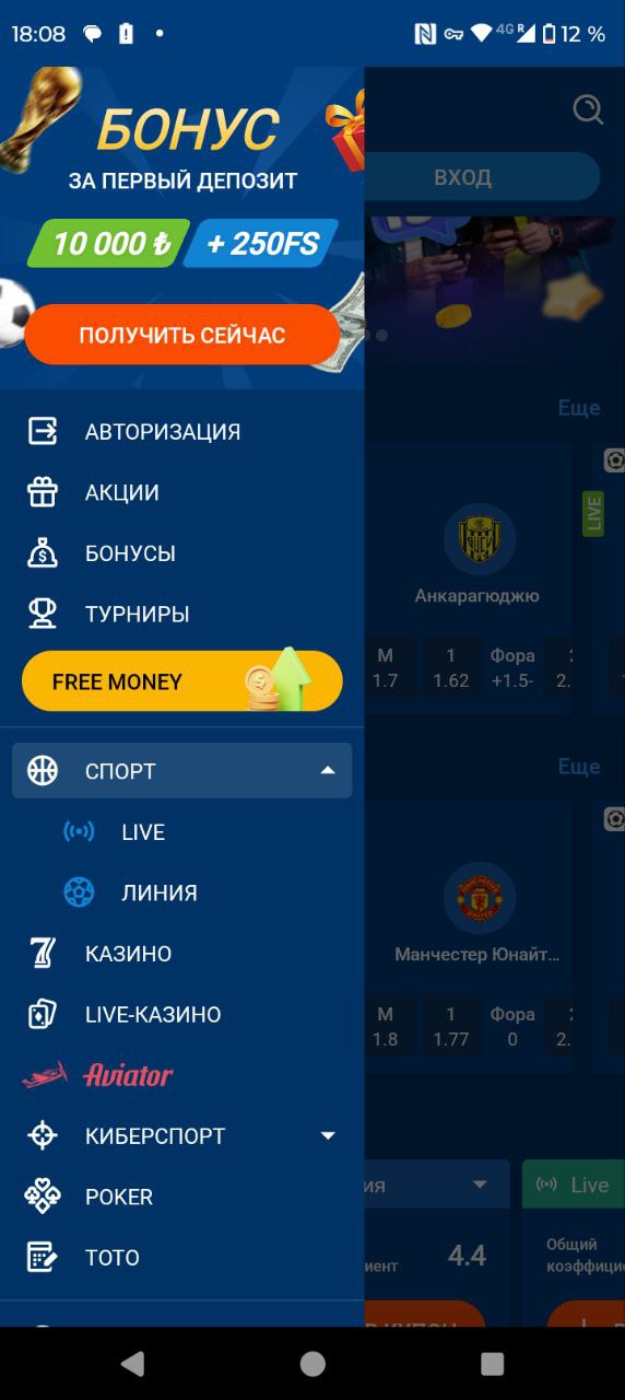 Меню приложения Mostbet